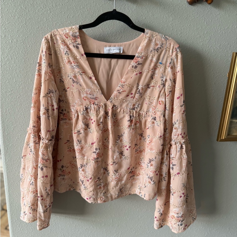Pink Lily Floral V-Neck Blouse - Pink